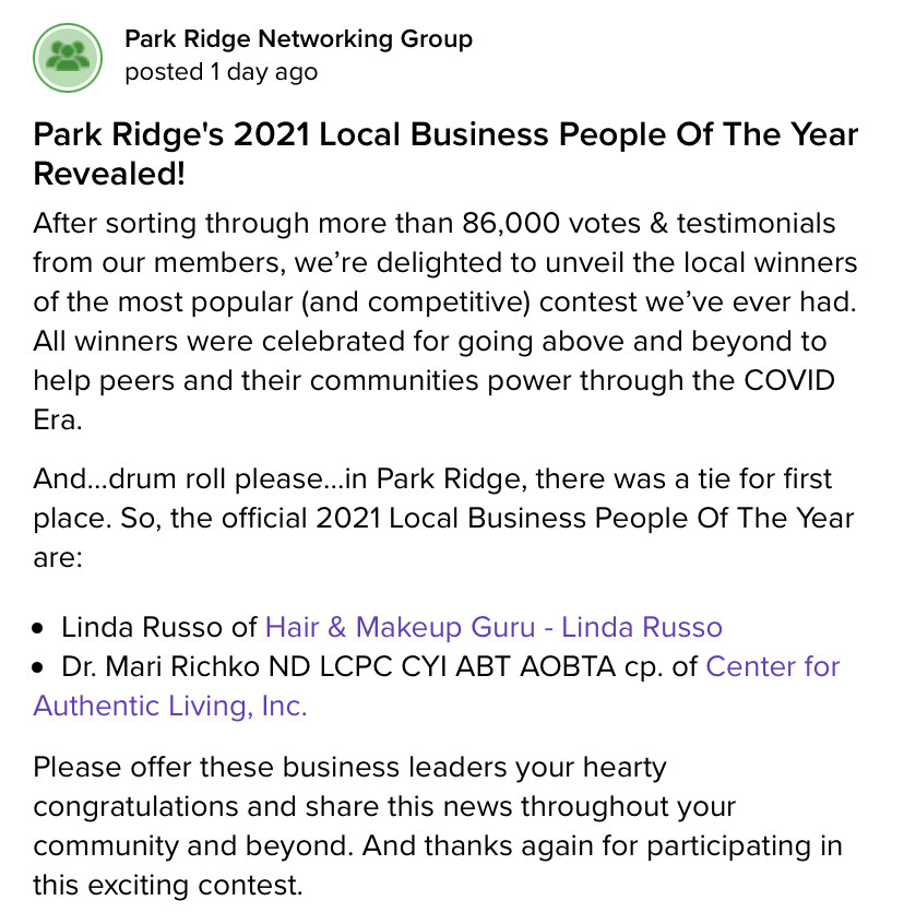 A business news article about park ridge 's 2 0 2 1 local business people of the year.