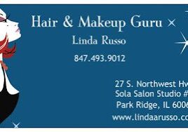 A business card for linda russo, hair and makeup guru.